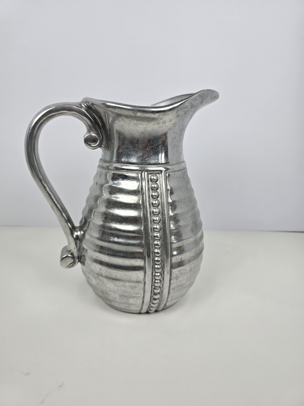Vintage Wilton Armetale RWP Pewter Pitcher Beaded Ribbed Scroll Handle 10"